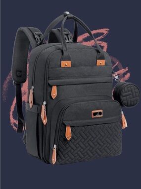 Women's Black Baby Backpack with Tan Accents - Multi-Pocket Organizer